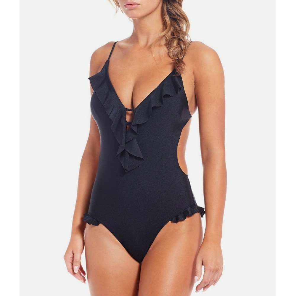 Chelsea & Violet Black Shimmer Ruffle One Piece Swimsuit Large Cut Out Back Tie